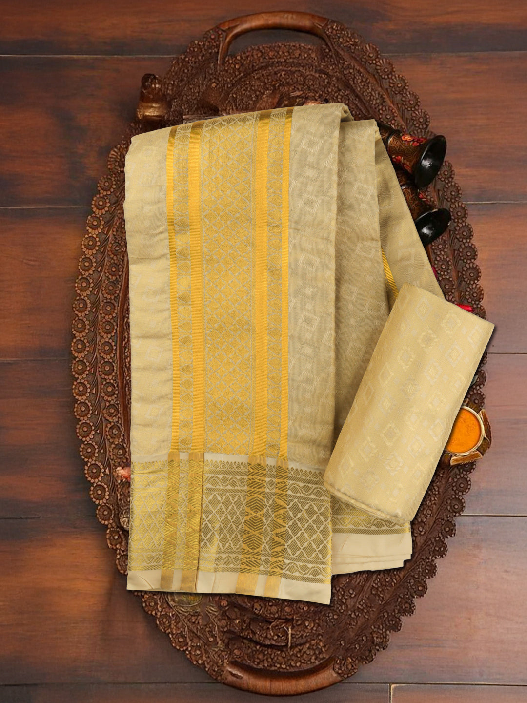 Men Art Silk Wedding Set Dhoti Shirting & Towel Set Gold Brahmotsavam B13(3*1)