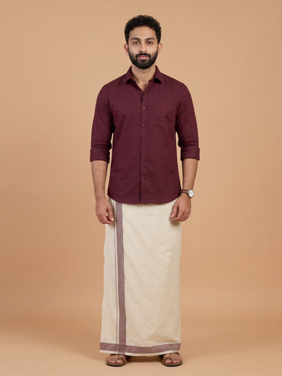 Double Layer Giza Cotton Cream Kora Dhoti with Colour Jari Border - LC37