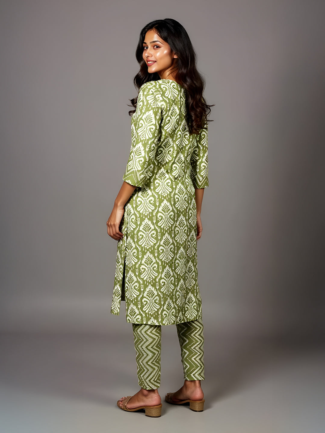 Women Cotton Printed Kurti Set Green EKS46