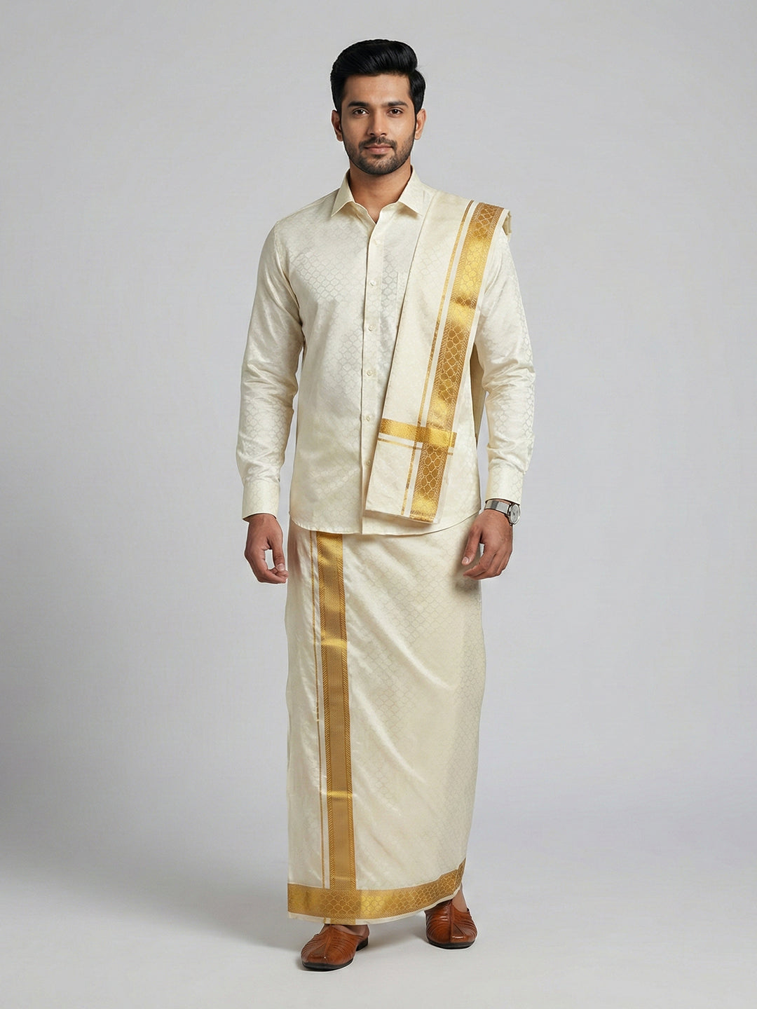 Men Art Silk Self Design Shirt with Readymade Dhoti & Towel Set Cream CRJD3