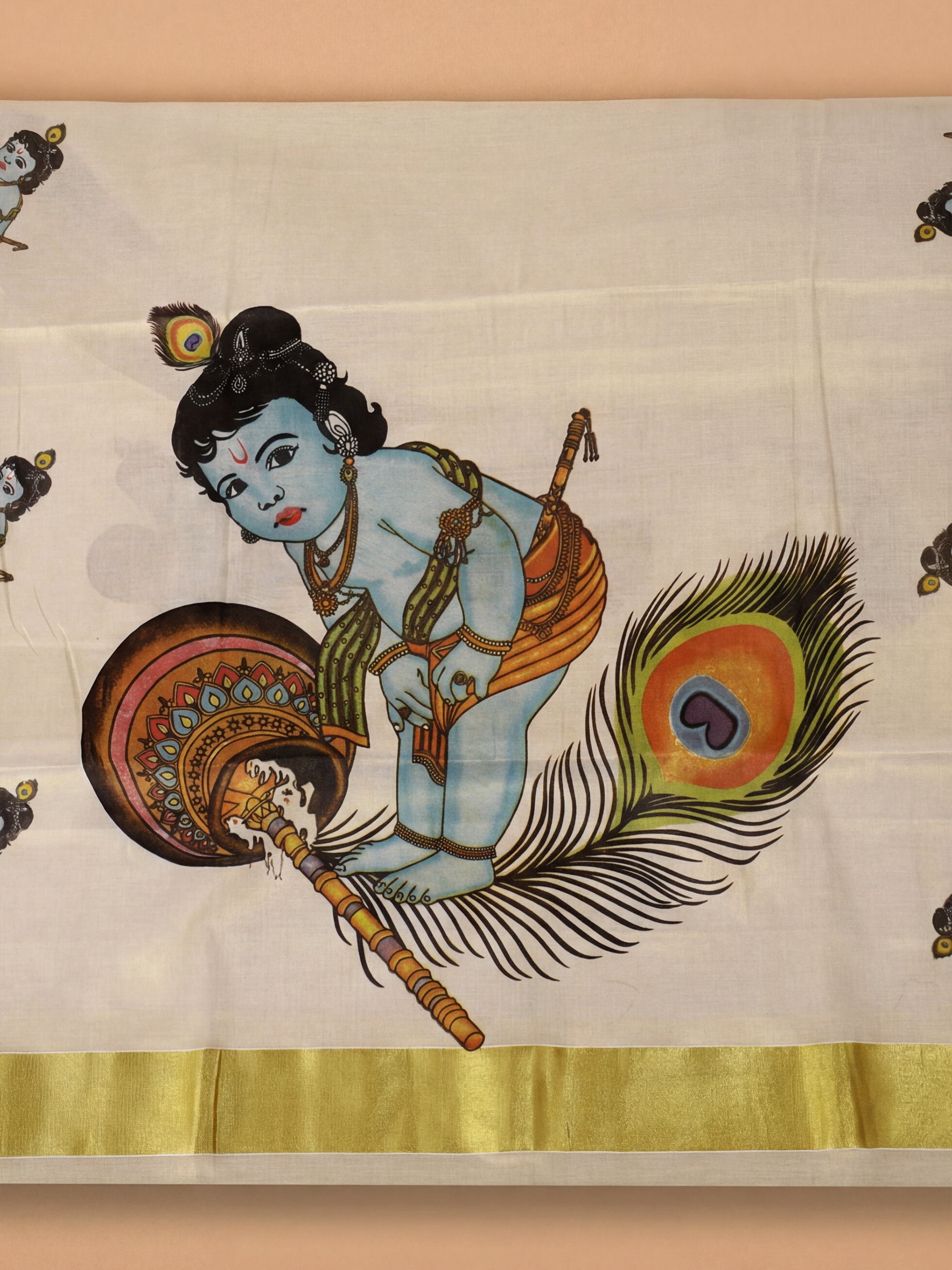 Women Tissue Cream Krishna Printed Kerala Saree KLS28