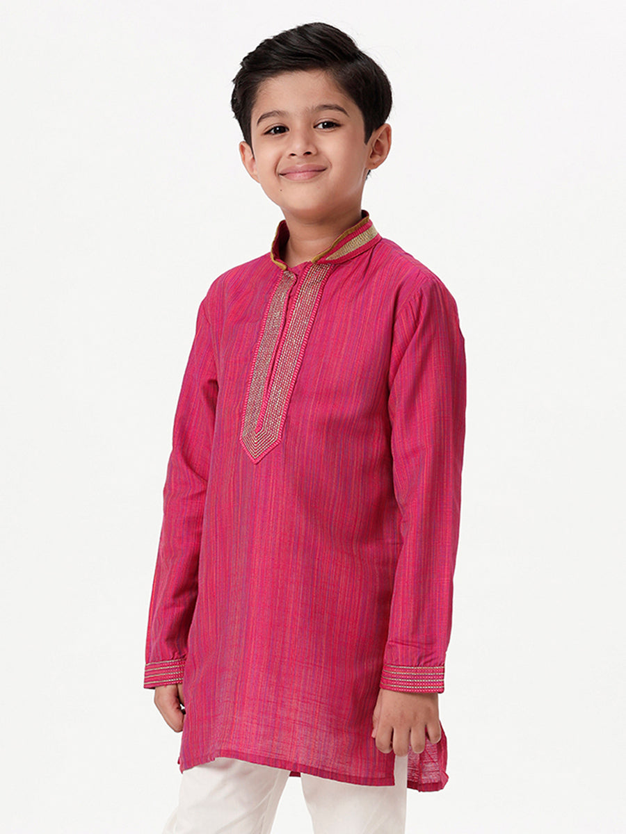 Boys Cotton Embellished Neckline Full Sleeves Dark Pink Kurta-Side view