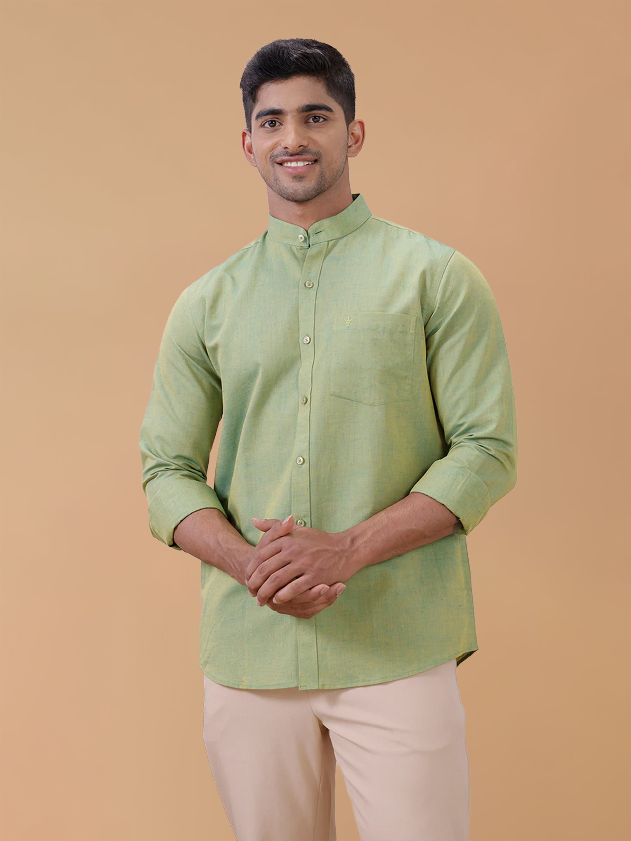Linen Cotton Yellowish Green Chinese Collar Regular Fit Shirt LF9