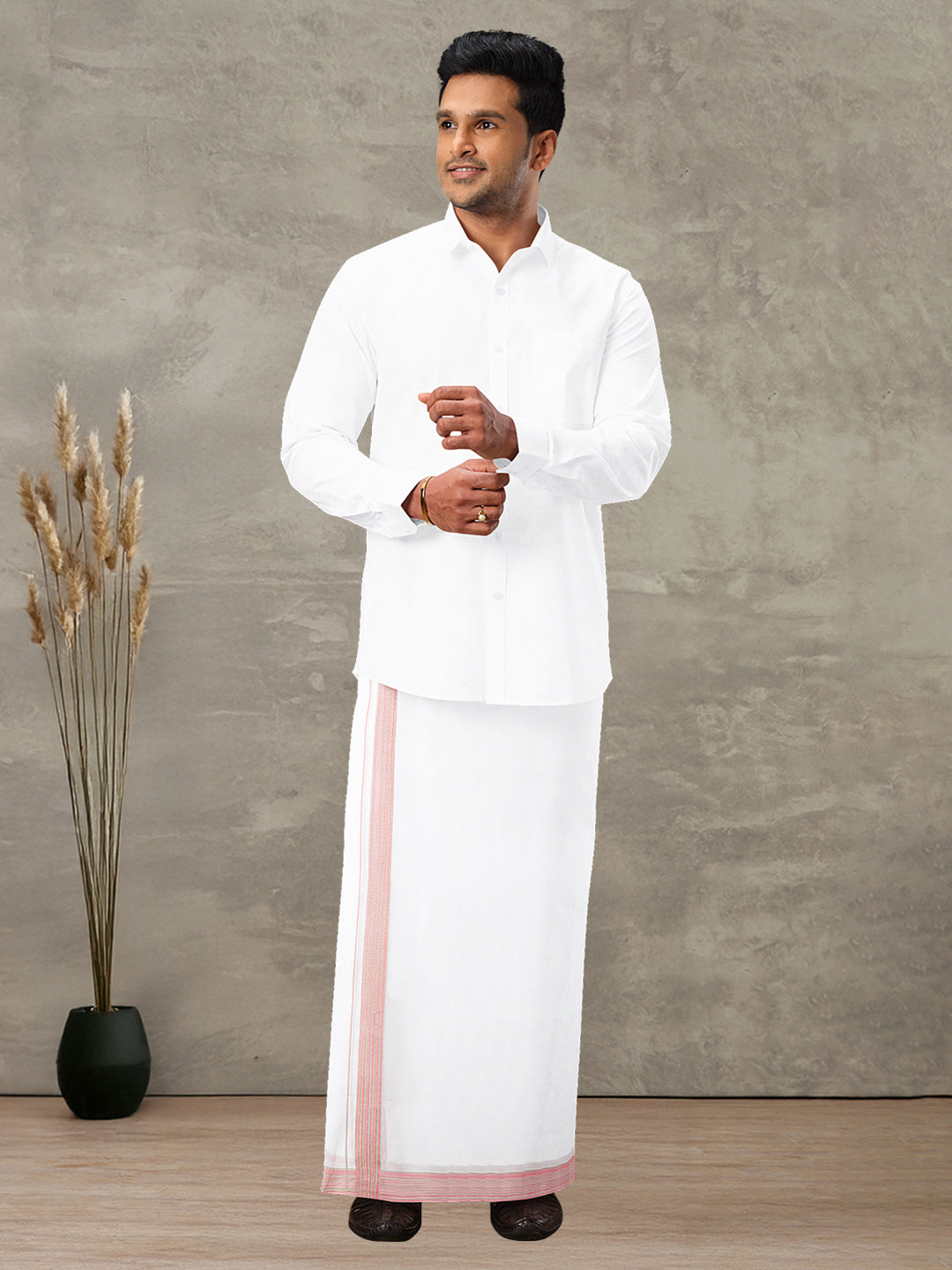 Men 100% Cotton Double Layer White Dhoti with Fancy Border PMF7