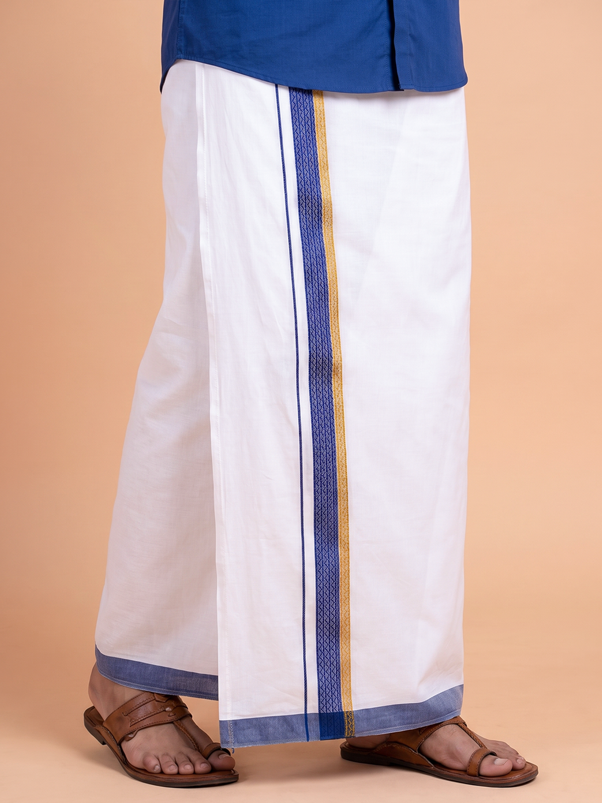 Double Layer Cotton Blend White Dhoti With Fancy Gold Jari Border TGJF08