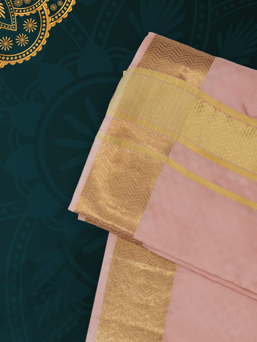 Men Pure Silk Embossed Peach Dhoti & Towel Set with 2 1/2" inch Gold Fancy Jari Border