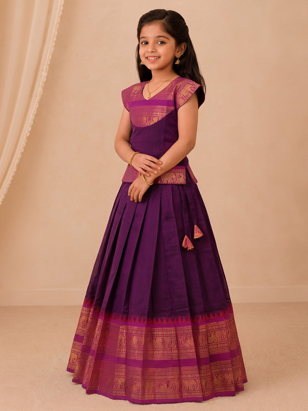 Girls Cotton Dark Purple Pattu Pavadai Set GPS57