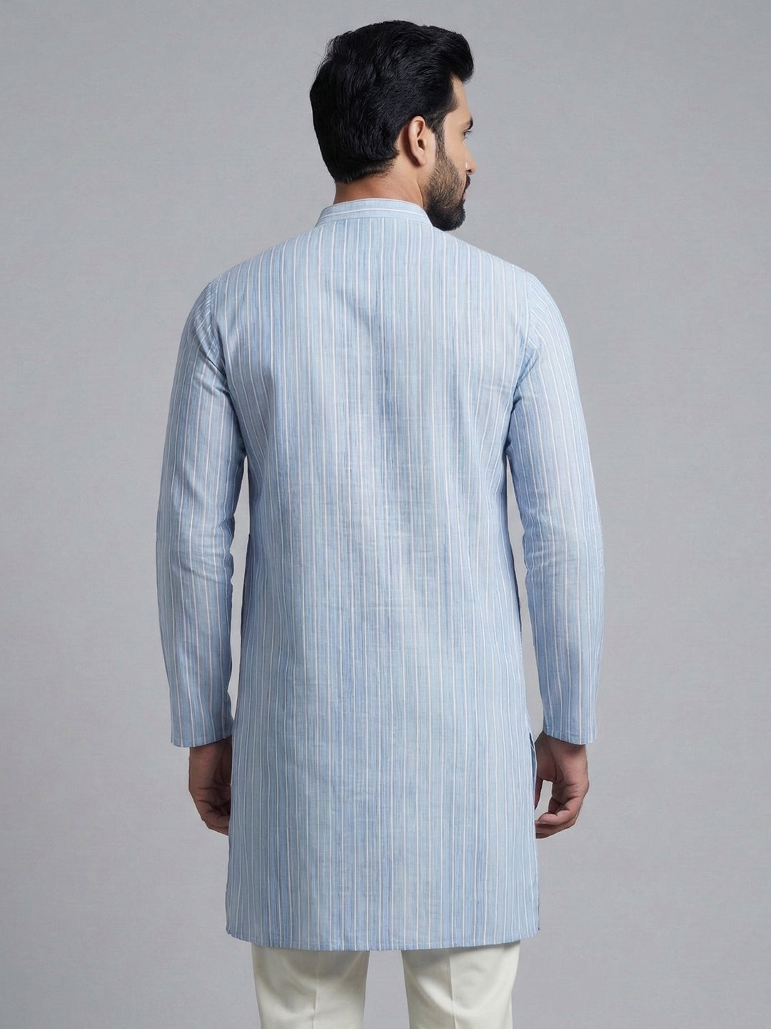 Men Cotton Medium Length Striped Pocket Kurta Light Blue RN53