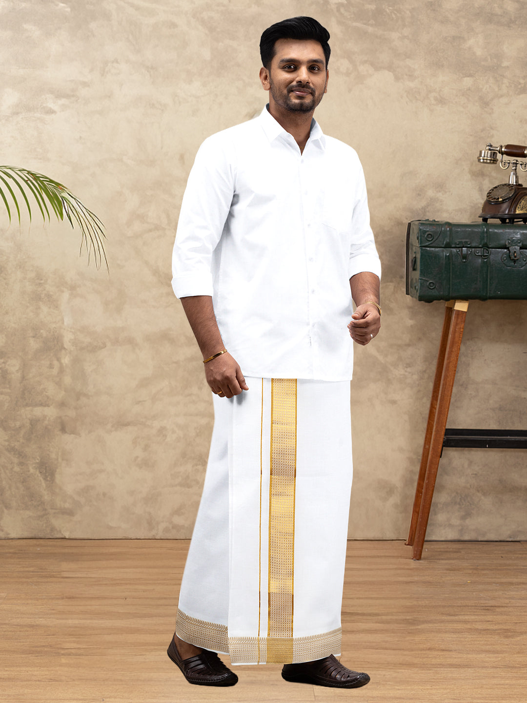 Men 100% Cotton Single Layer White Dhoti with Gold Jari Border Aura 366