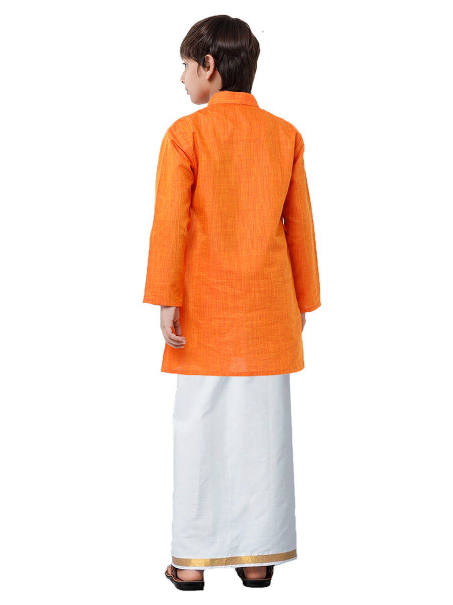 Like Father Like Son Orange Kurta and Gold Jari White Dhoti Combo FS3-Kid back view
