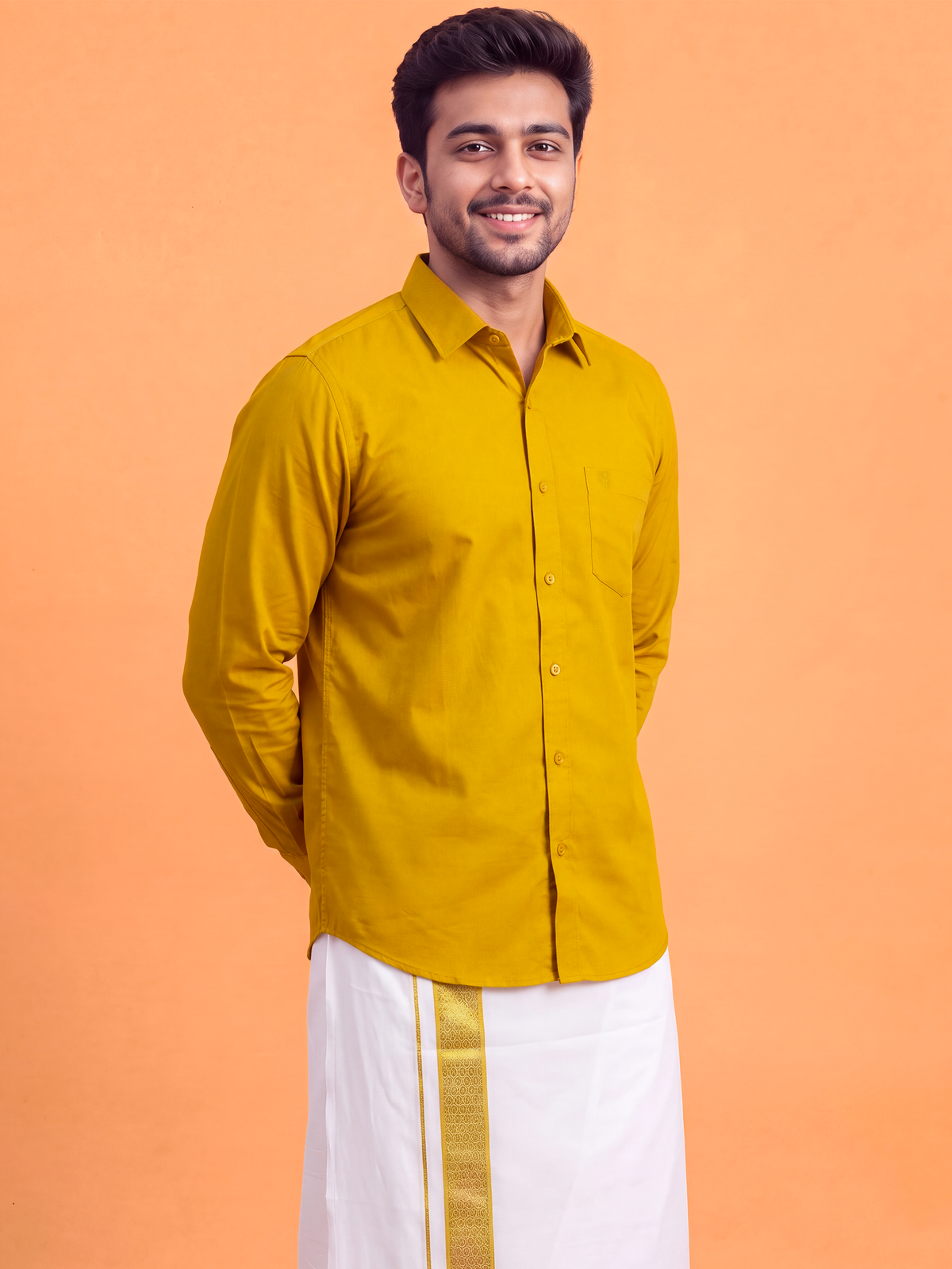 100% Cotton Orange Shirt and Colour Jari Border Dhoti Set BT4