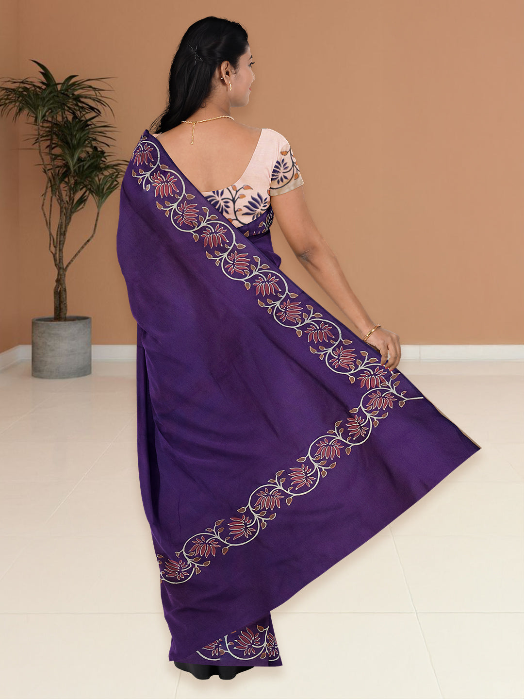 Women Violet Cotton Saree with Double Blouse PCS216