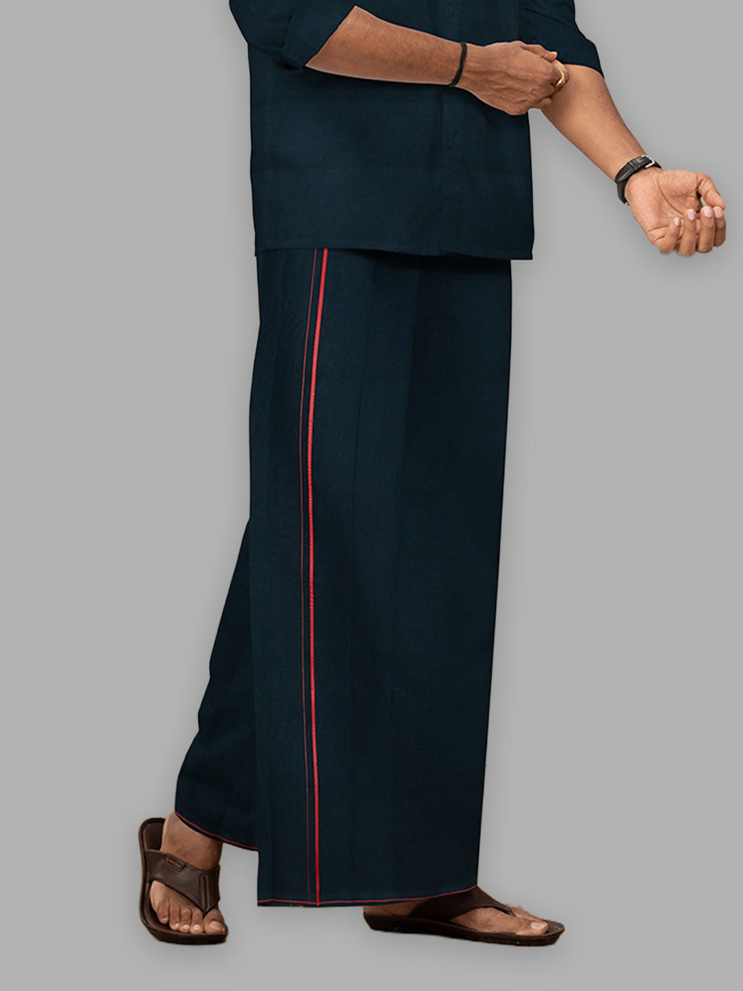 Men Cotton Blend Single Layer Black Dhoti & Towel Set with Red Small Border Sudhan