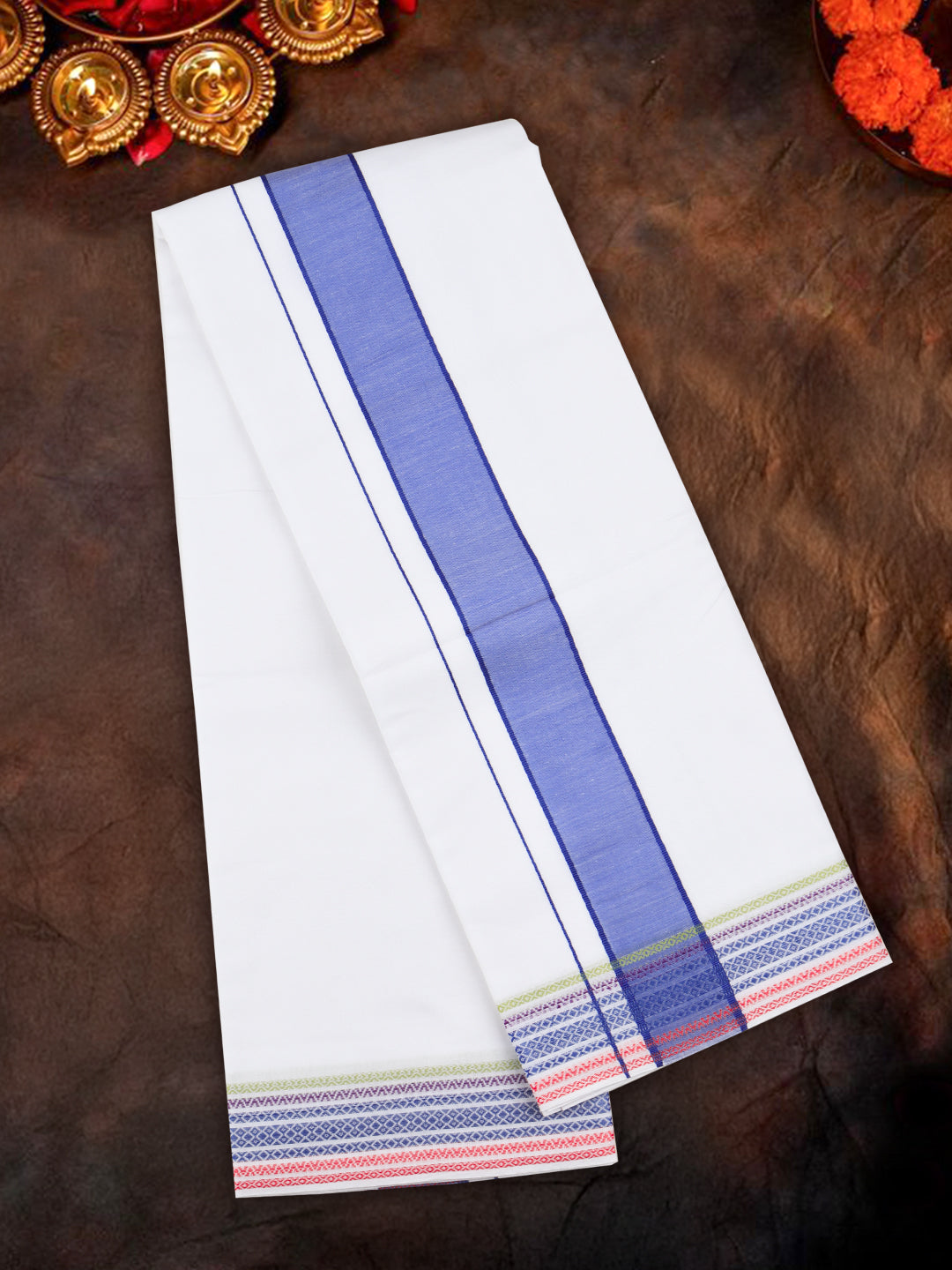 Men Cotton Blue Fancy Border Panchakacham with Angavasthram Srirasthu(9+5) SR48