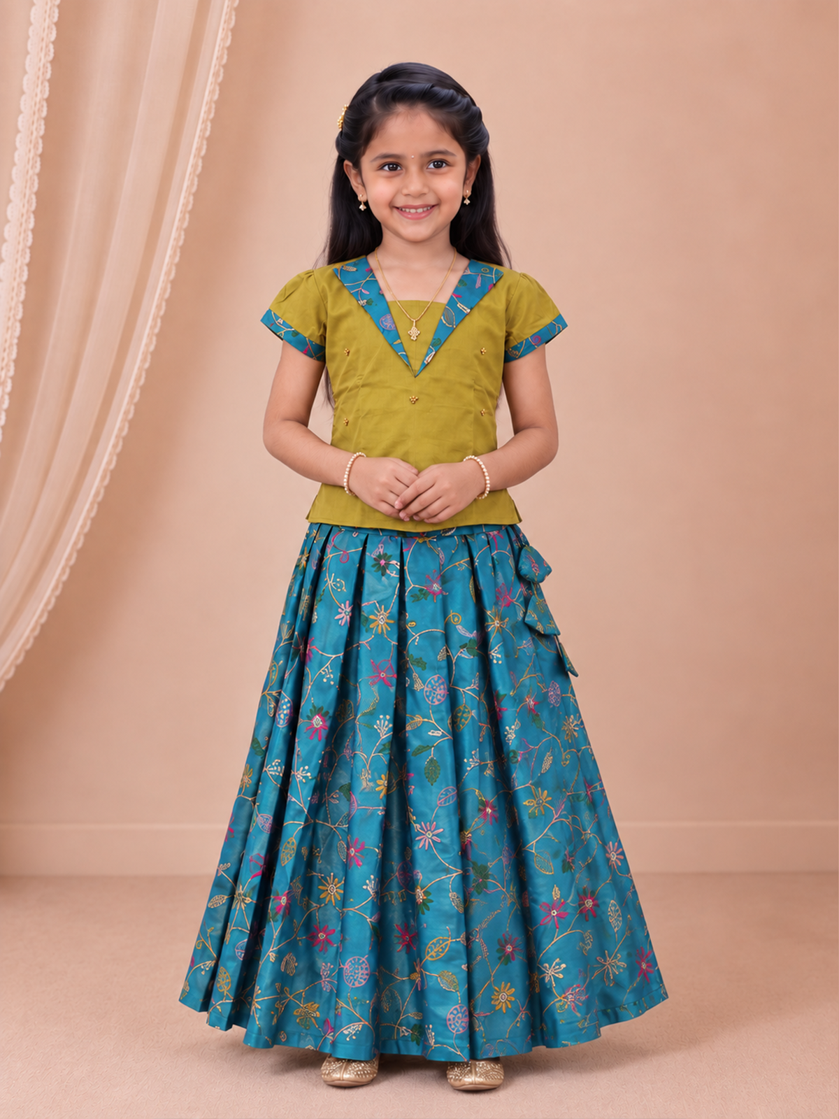 Girls Tissue Mustard With Blue Pattu Pavadai Set GPS69
