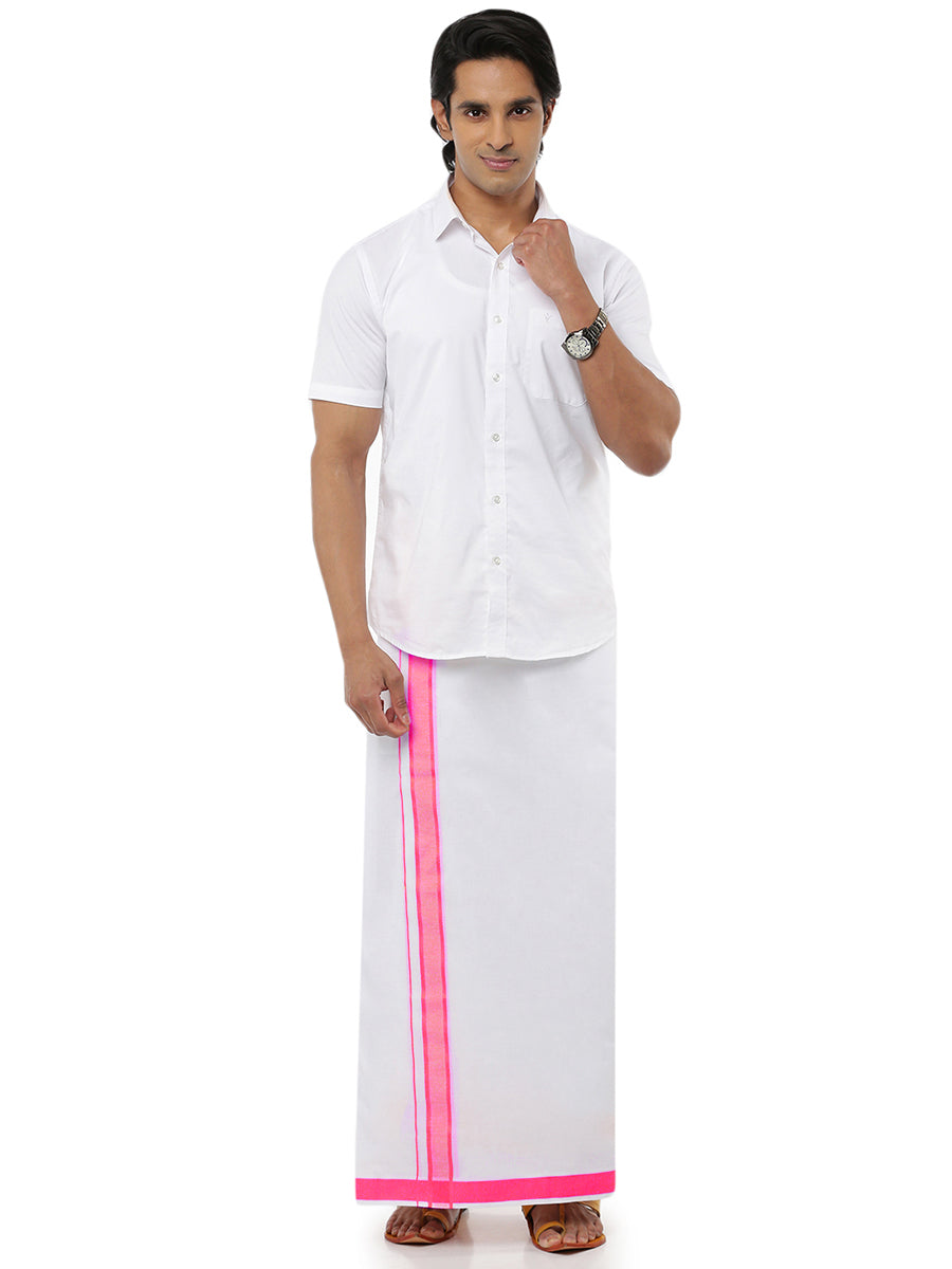 Mens 100% Cotton Double Dhoti White with Pink Border Ozone Plain-Full view
