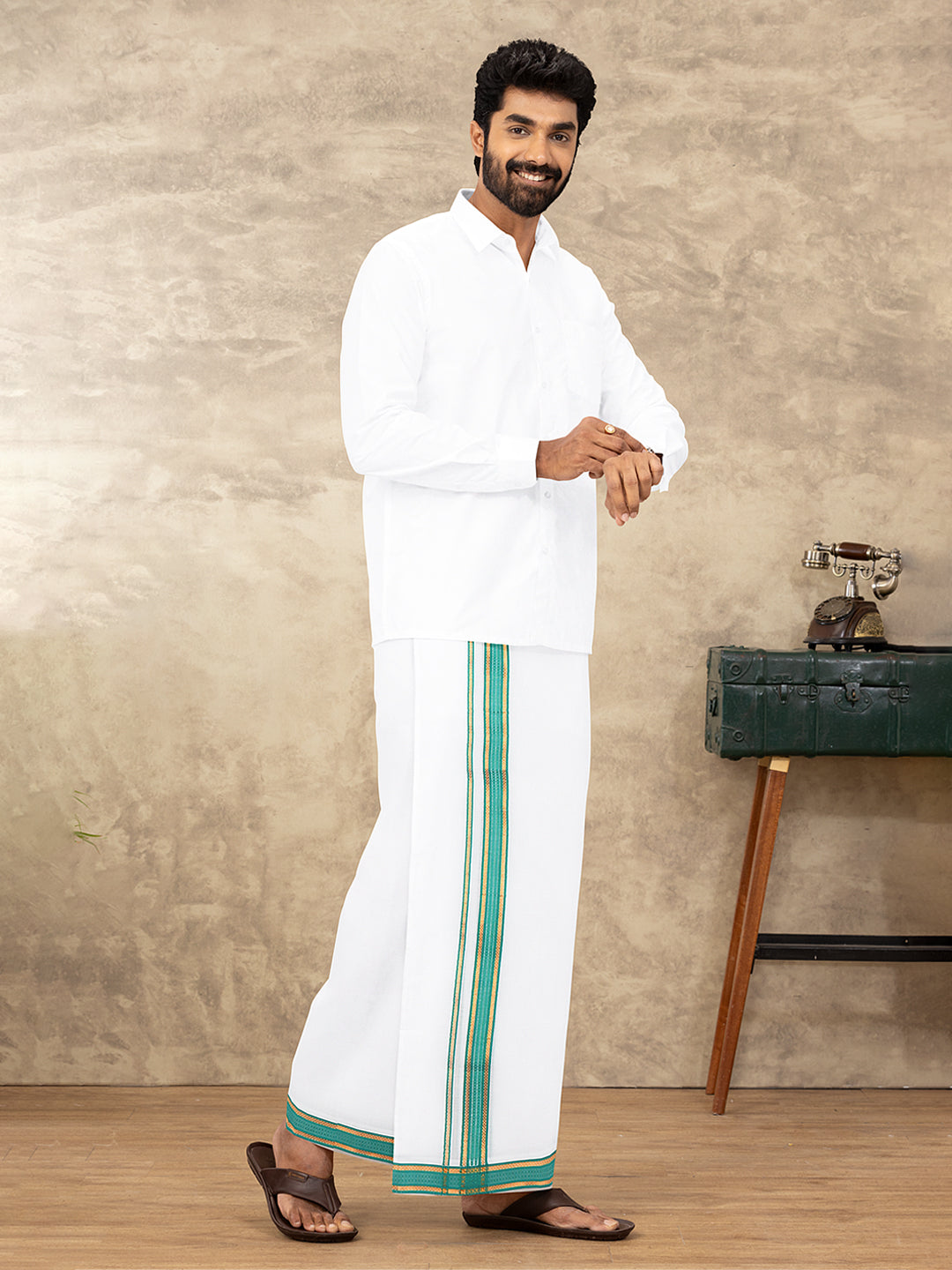 Men 100% Cotton Double Layer White Dhoti with Fancy Jari Border RF04
