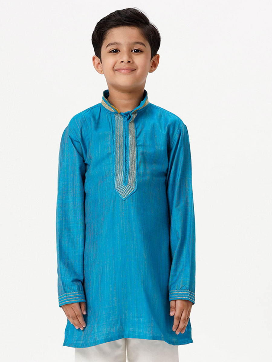 Boys Cotton Embellished Neckline Full Sleeves Sky Blue Kurta-Front view