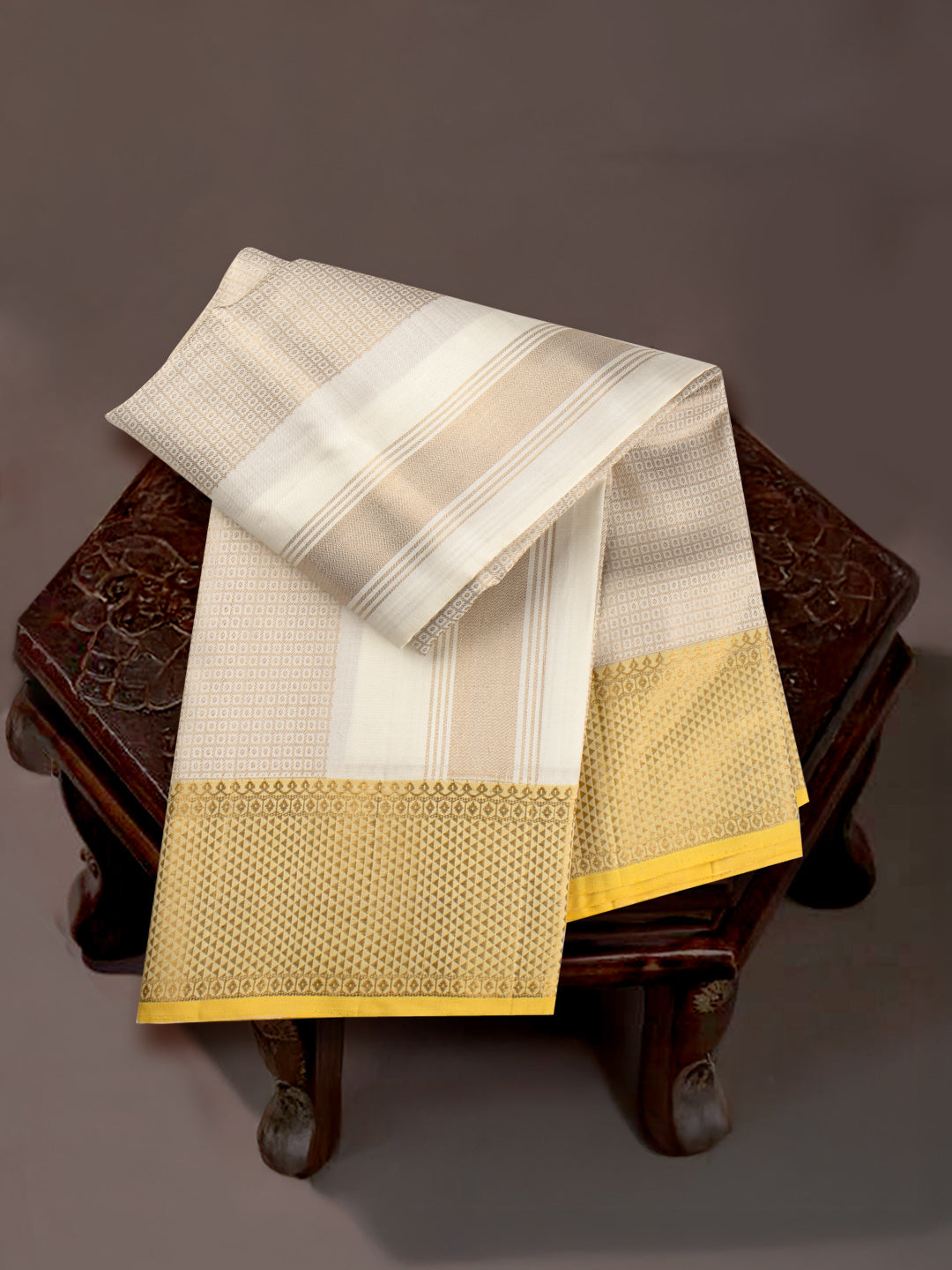 Men Elegant OffWhite Pure Silk Dhoti & Towel Set with 6" inch Gold Jari Border Amirtham AM20