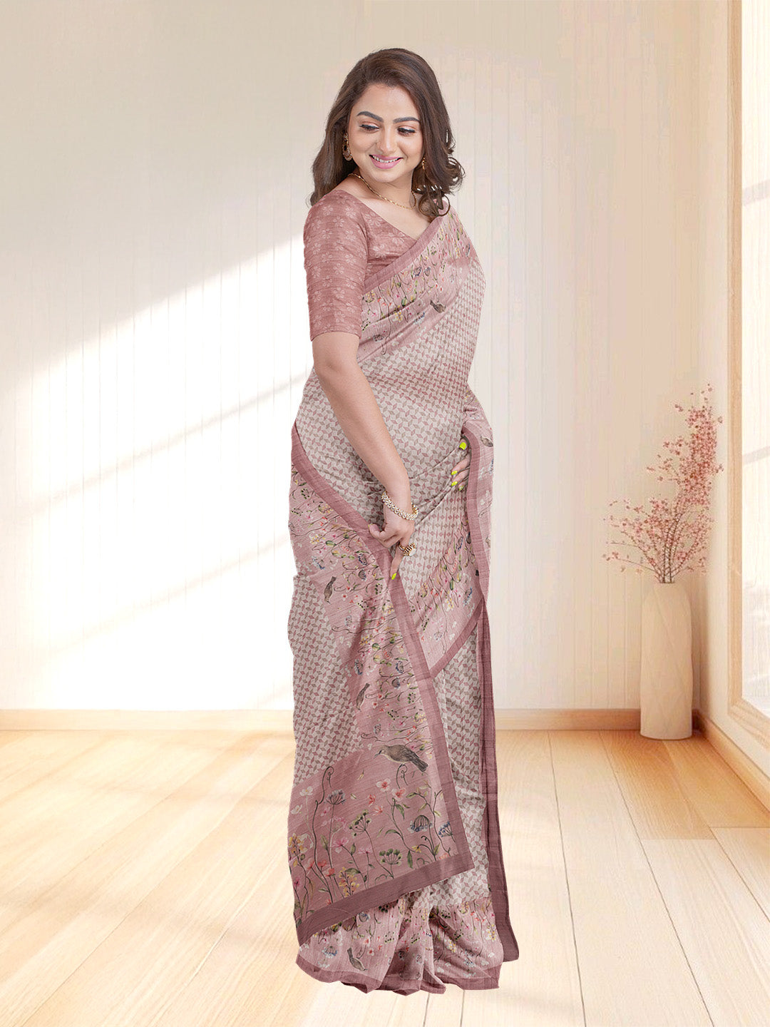 Women Peach Semi Tussar Printed Saree ST253