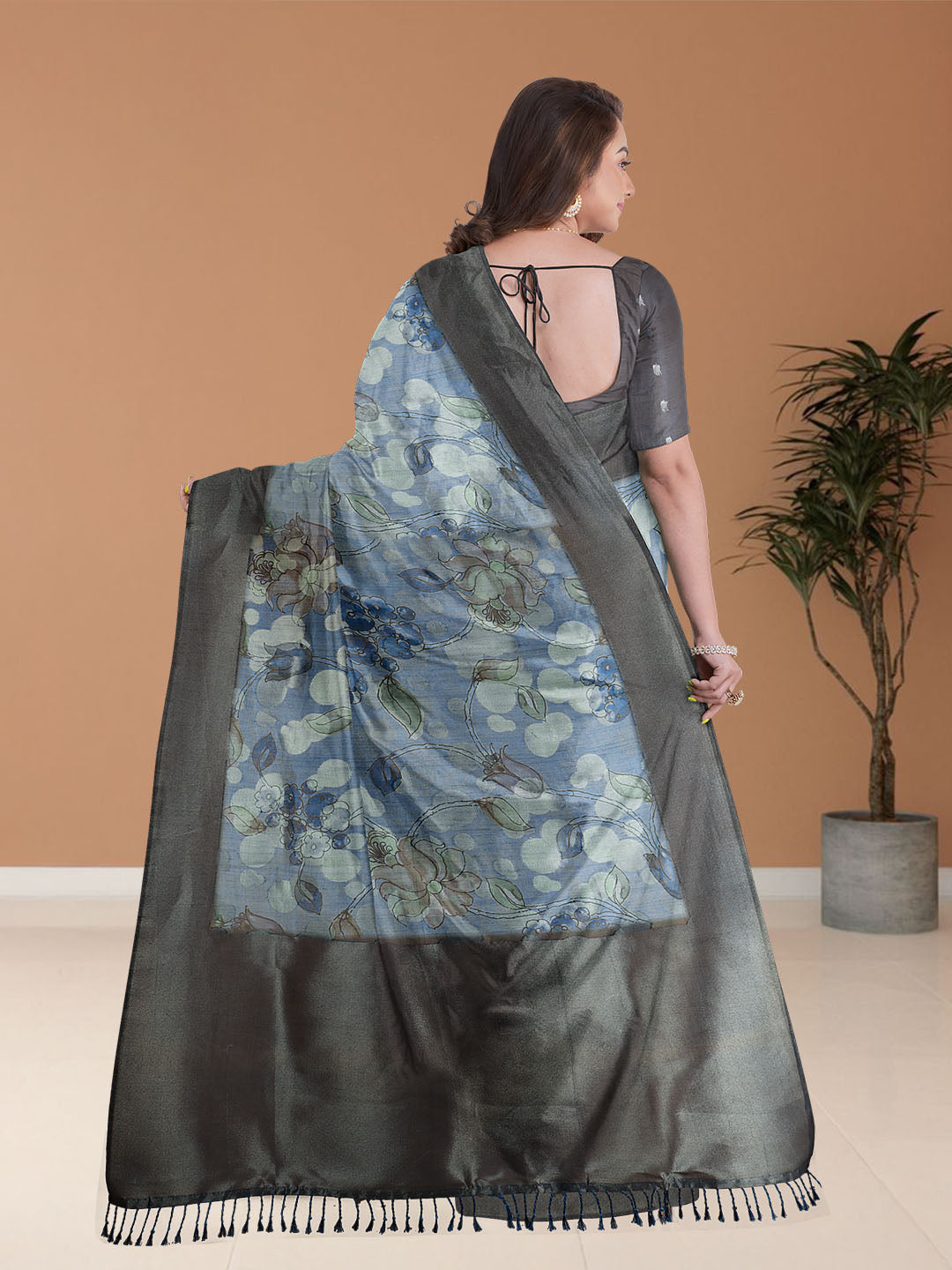 Women Blue Semi Tussar Printed Saree ST263