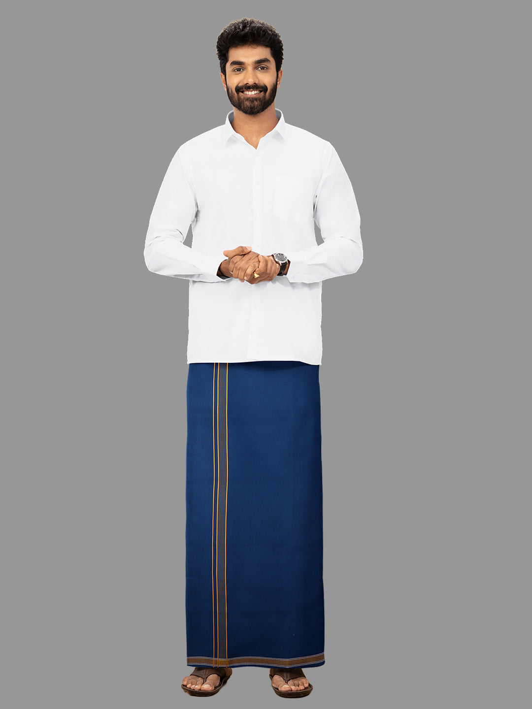 Men Cotton Blend Single Layer Blue Dhoti with Fancy Border Charming Line Colour 4