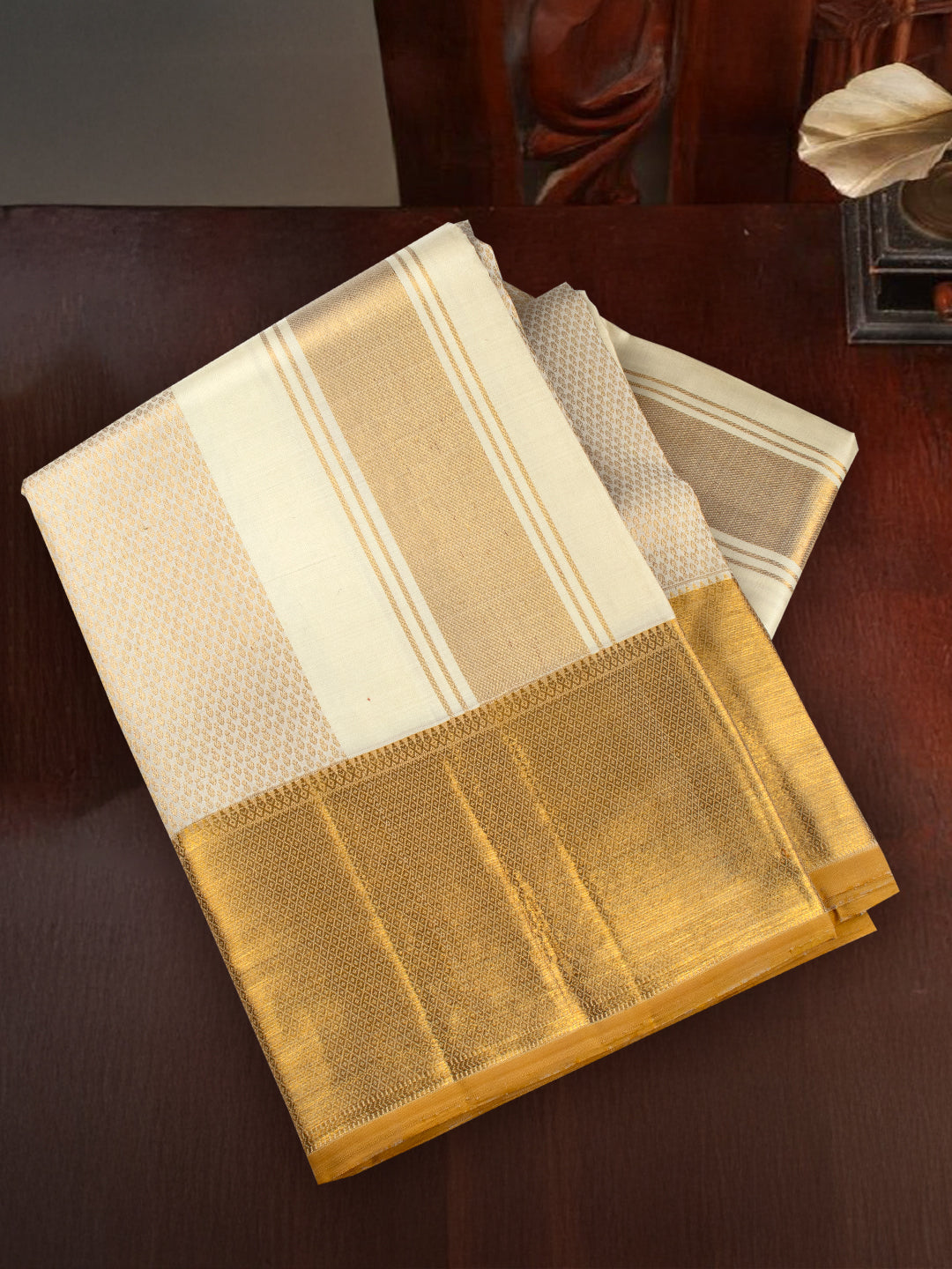 Men Premium Pure Silk Cream Dhoti & Towel Set with 6" inch Gold Jari Border Amirtham AM18