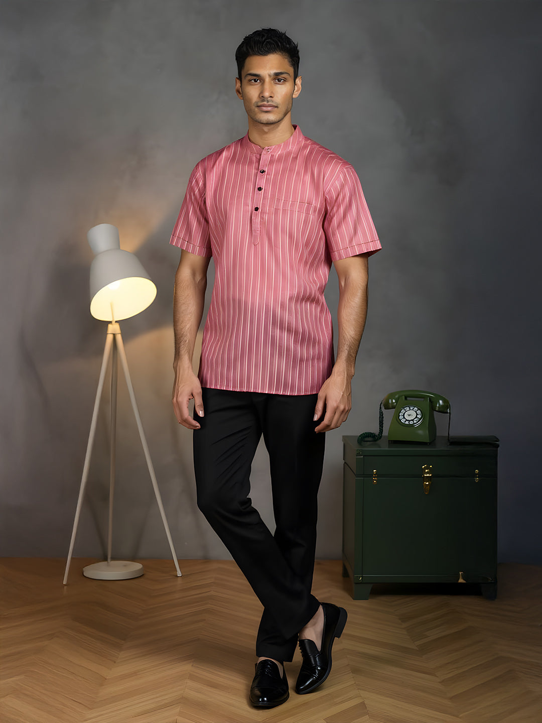 Men Cotton Short Length Striped Pocket Kurta Coral Pink RH04