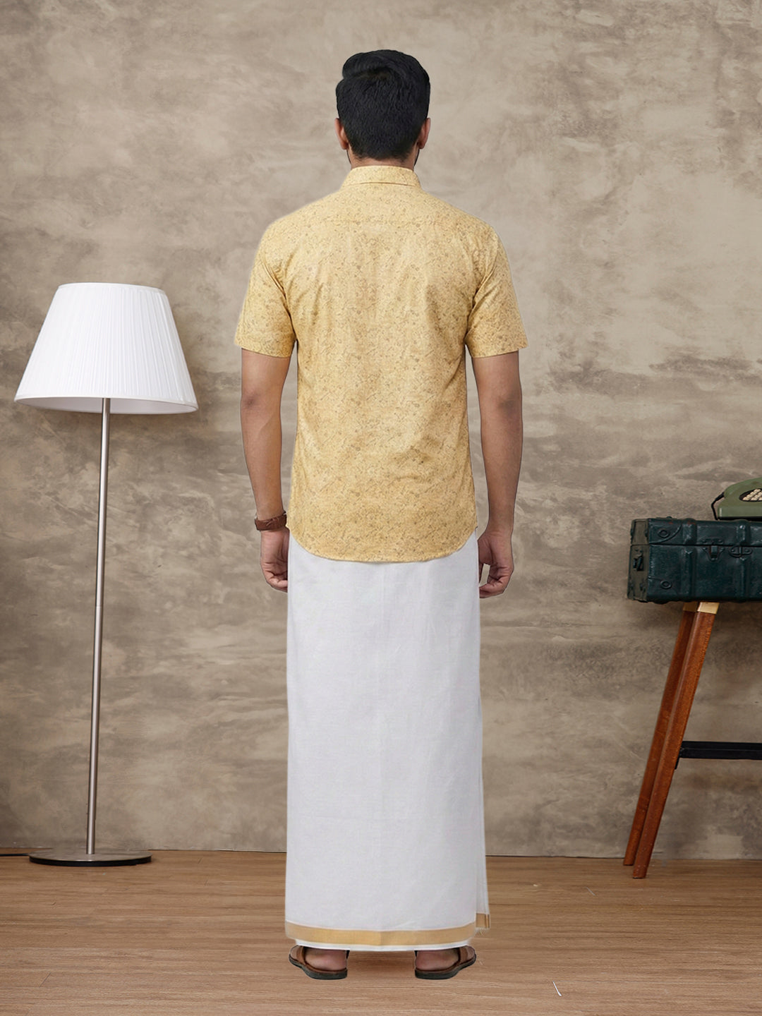 Men Sandal Matching Border Dhoti With Printed Shirt Set Fusion PS21