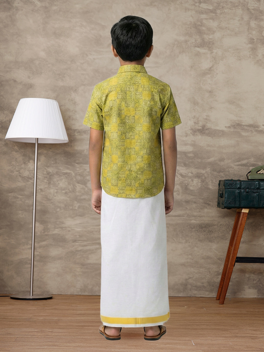 Boys Lemon Yellow Matching Border Dhoti With Printed Shirt Set Fusion PS29