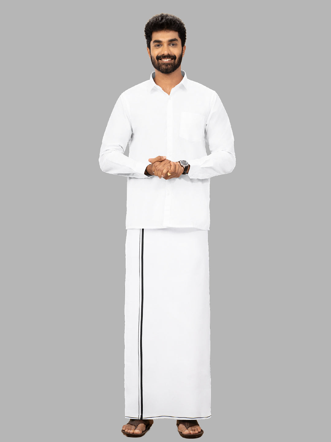 Men 100% Cotton Single Layer White Dhoti with Small Border Breeze