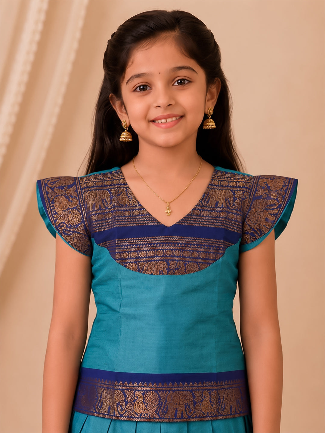 Girls Cotton Blue Pattu Pavadai Set GPS55