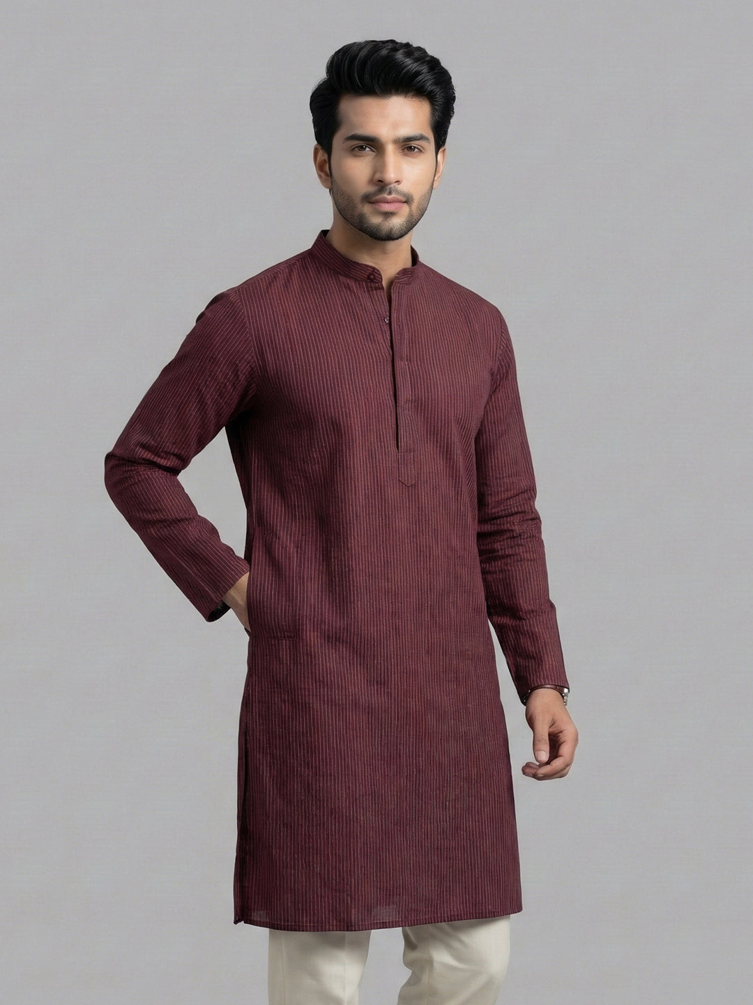 Men Cotton Medium Length Striped Pocket Kurta Maroon RN41