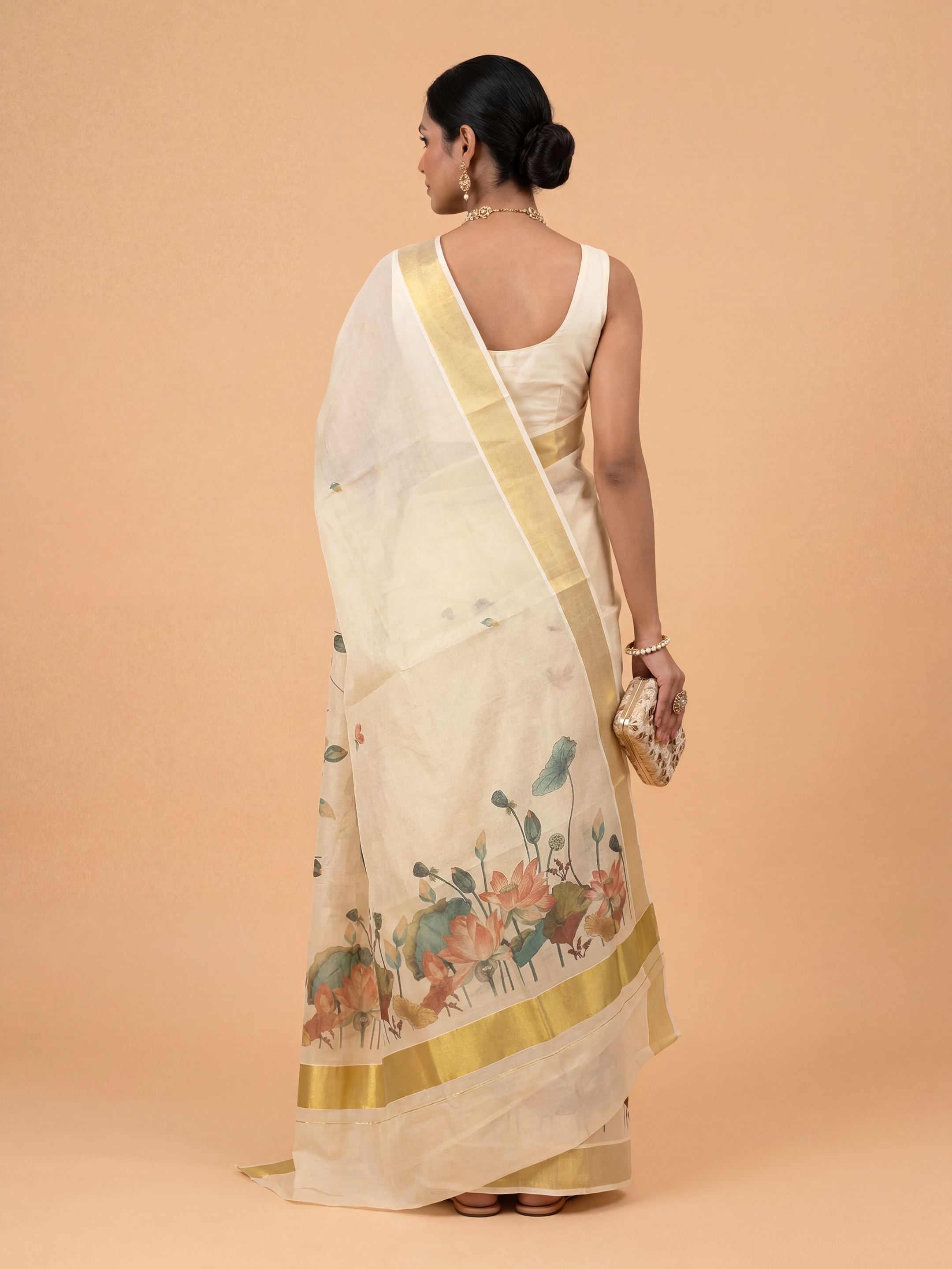 Women Tissue Cream Floral Printed Kerala Saree KLS14
