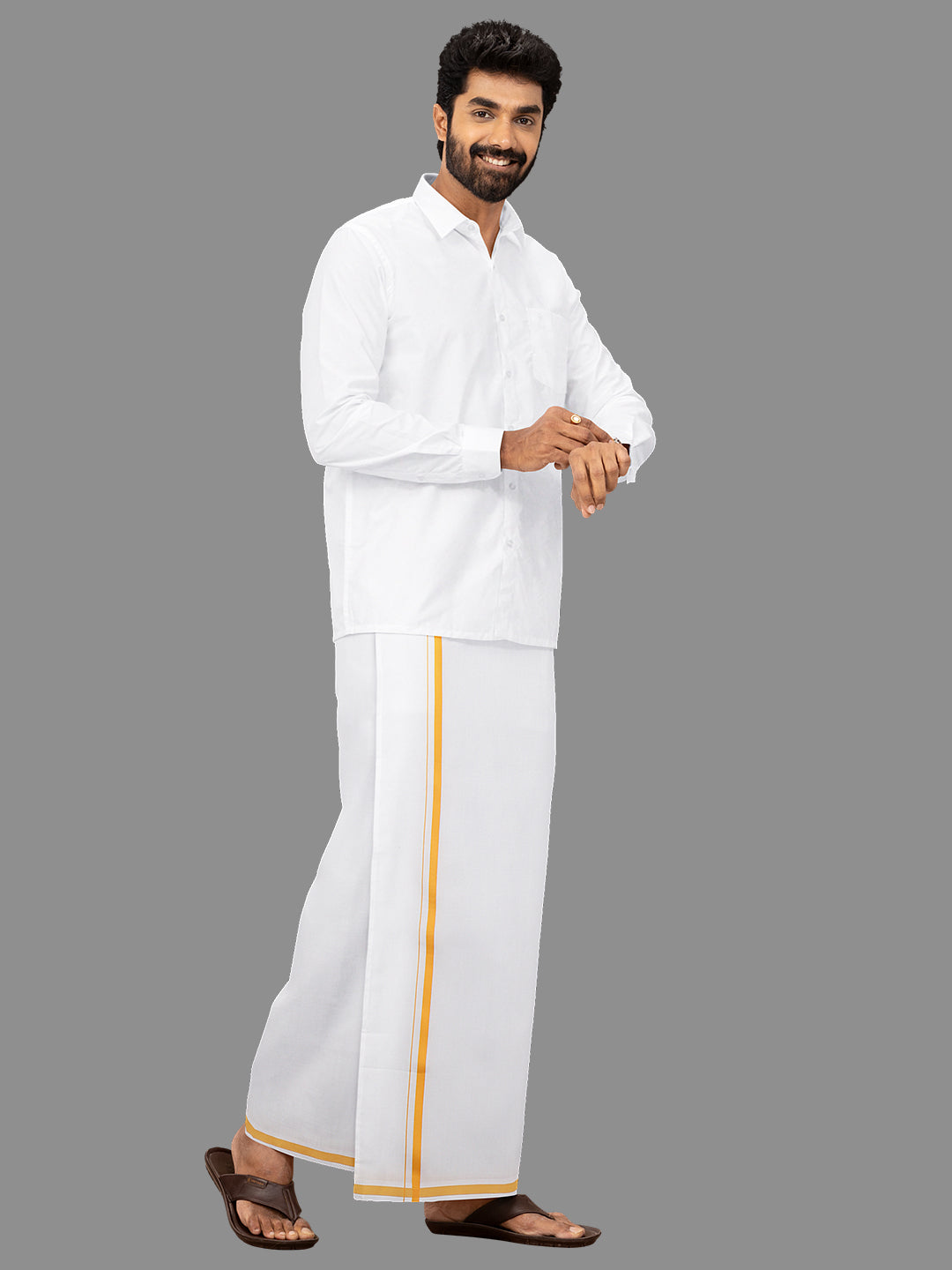 Men Cotton Blend Single Layer White Dhoti with Assorted Border Regular