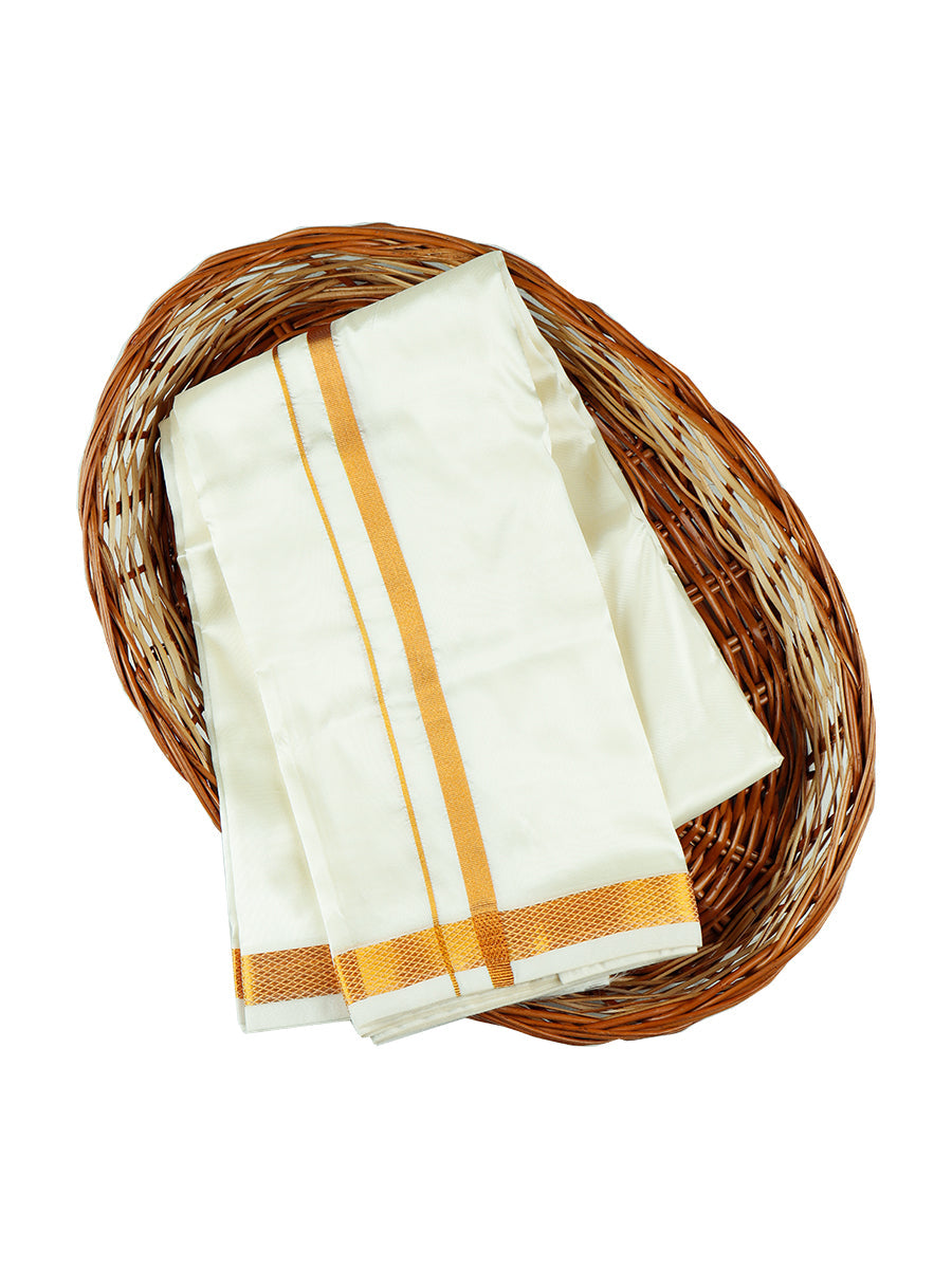 Mens Cream Double Dhoti with 3/4'' Gold Jari Border Iswaryam