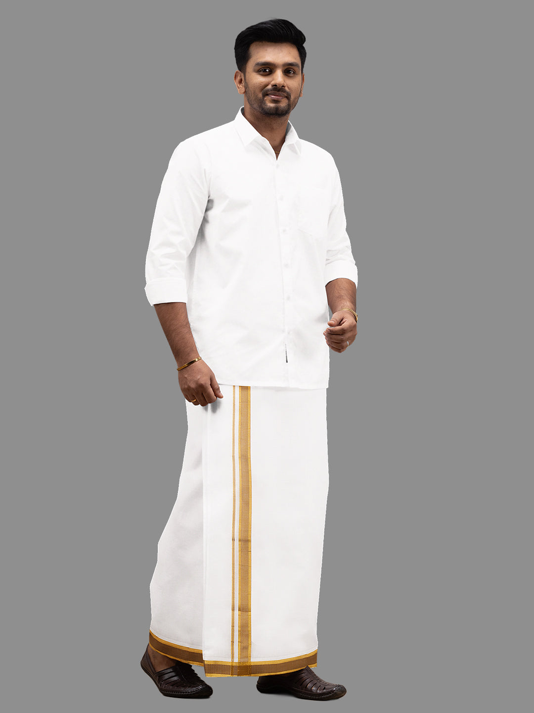 Men 100% Cotton Double Layer White Dhoti with Fancy Jari Border RF01