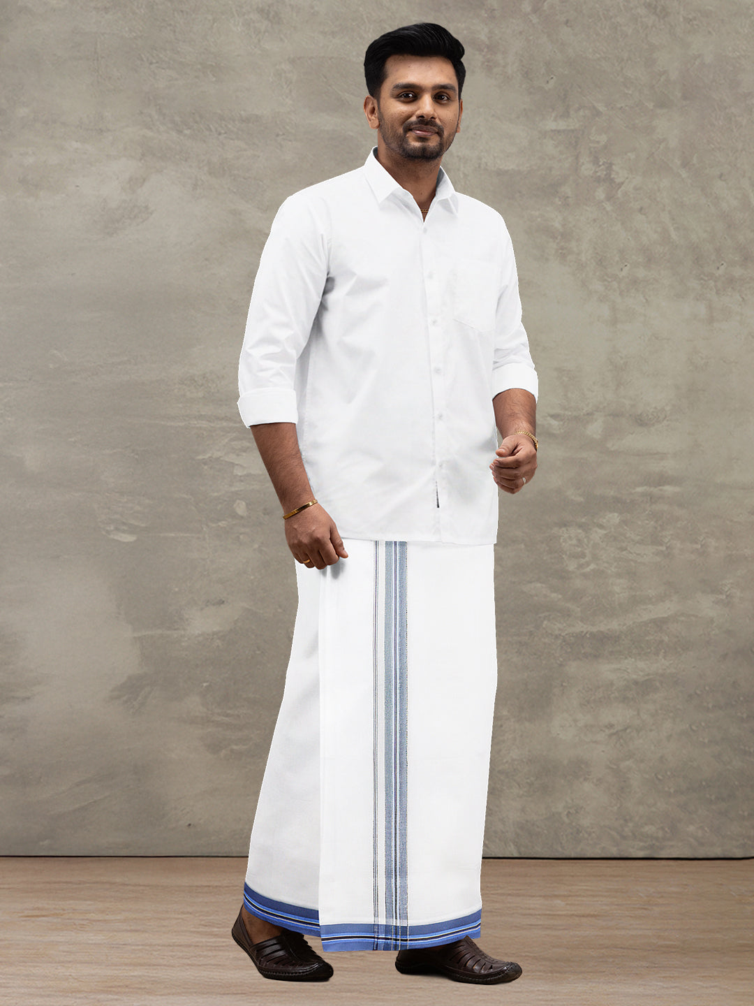 Men 100% Cotton Double Layer White Dhoti with Fancy Jari Border EJF12