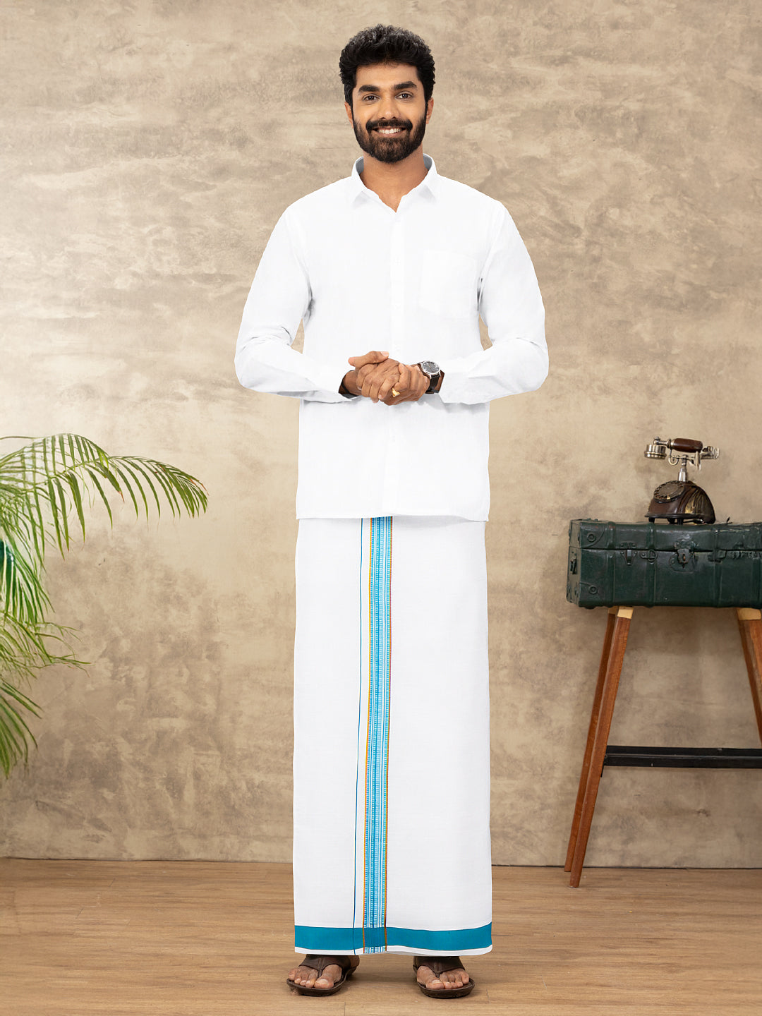 Men Cotton Blend Single Layer White Dhoti with Fancy Jari Border WGF12