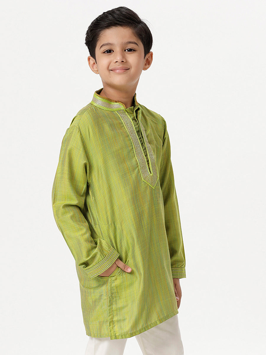 Boys Cotton Embellished Neckline Full Sleeves Parrot Green Kurta-Side view