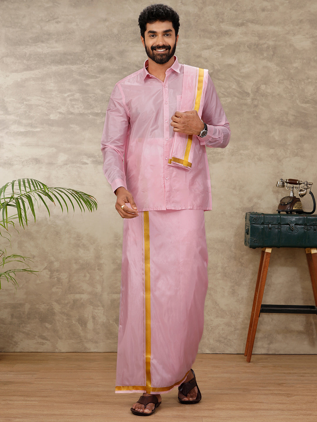 Couple Combo Shirt & Dhoti Set with Saree Pink SS382