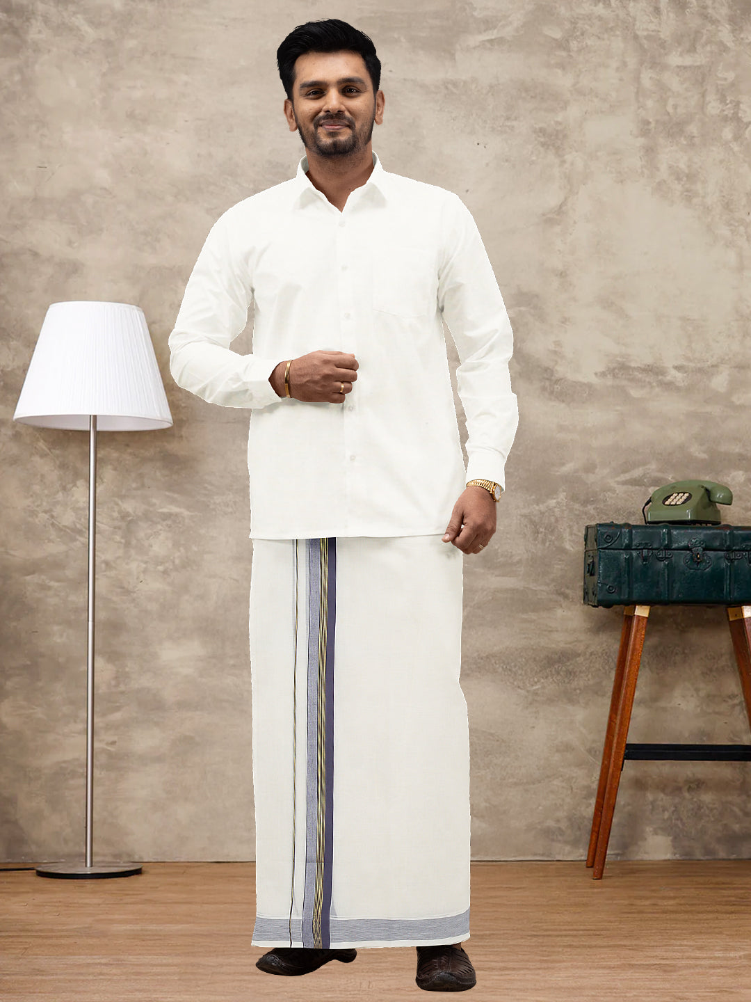 Men Kora Cotton Double Layer Dhoti with Grey Fancy Jari Border EGJ20