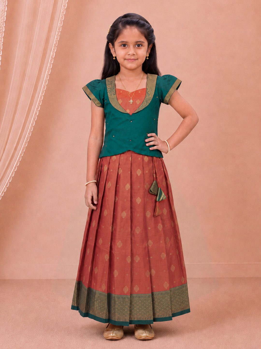 Girls Tissue Teal Green with Coral Pink Pattu Pavadai Set GPS67
