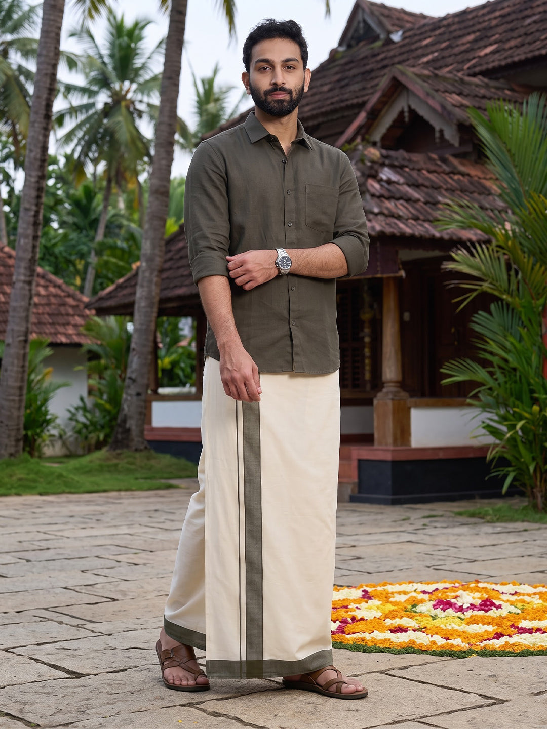 Double Layer 100% Cotton Cream Kora Dhoti with Colour Border - GK01