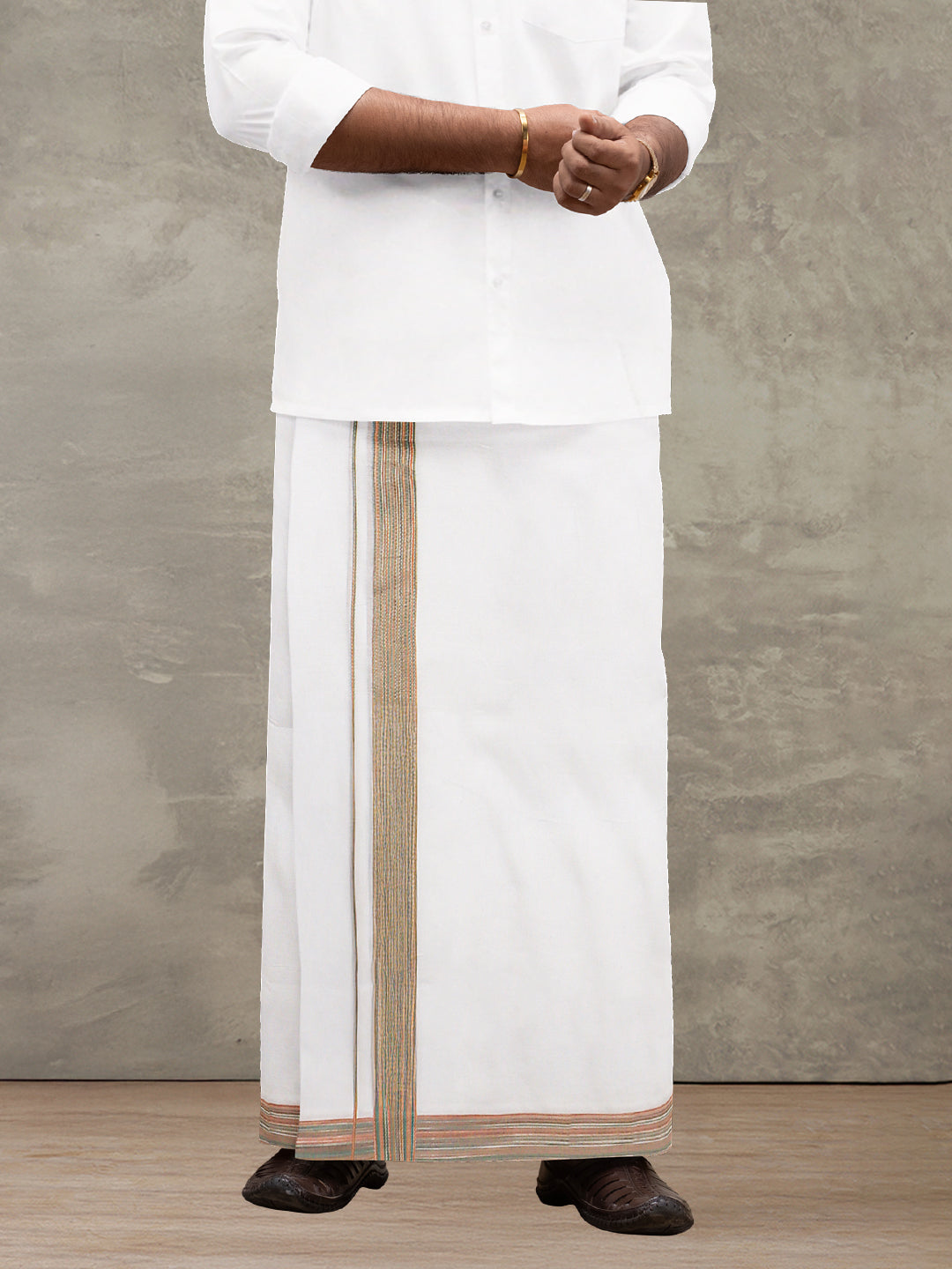 Men 100% Cotton Double Layer White Dhoti with Fancy Border PMF11