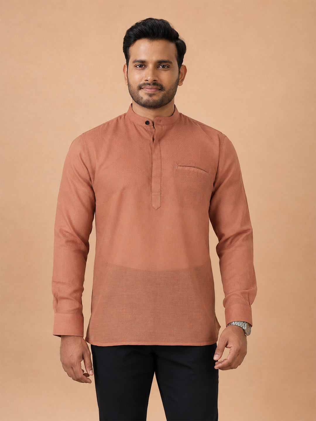 Cotton Short Length Self Design Pocket Kurta Peach Saffron RJ43