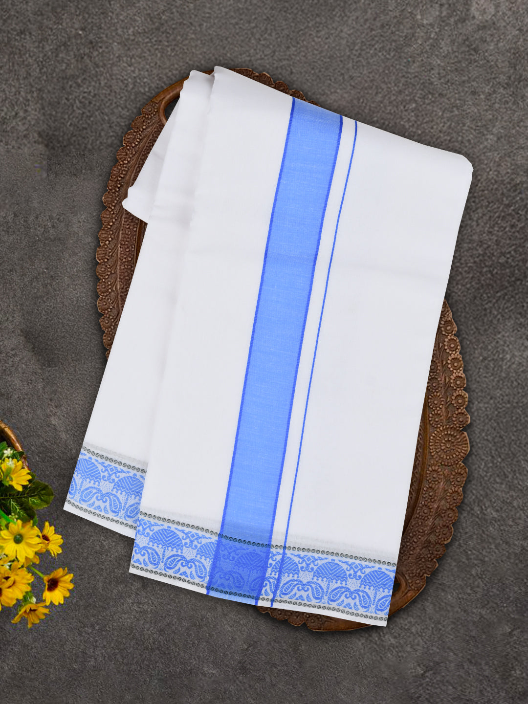 Men Cotton Blue Fancy Border Panchakacham with Angavasthram Srirasthu(9+5) SR47