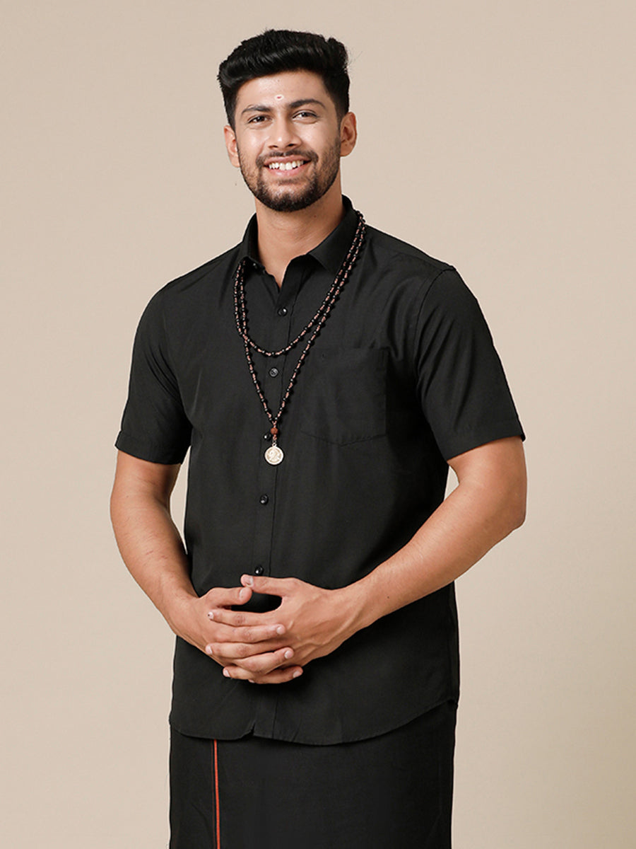 Men Devotional Half Sleeves Shirt & Dhoti Set Black