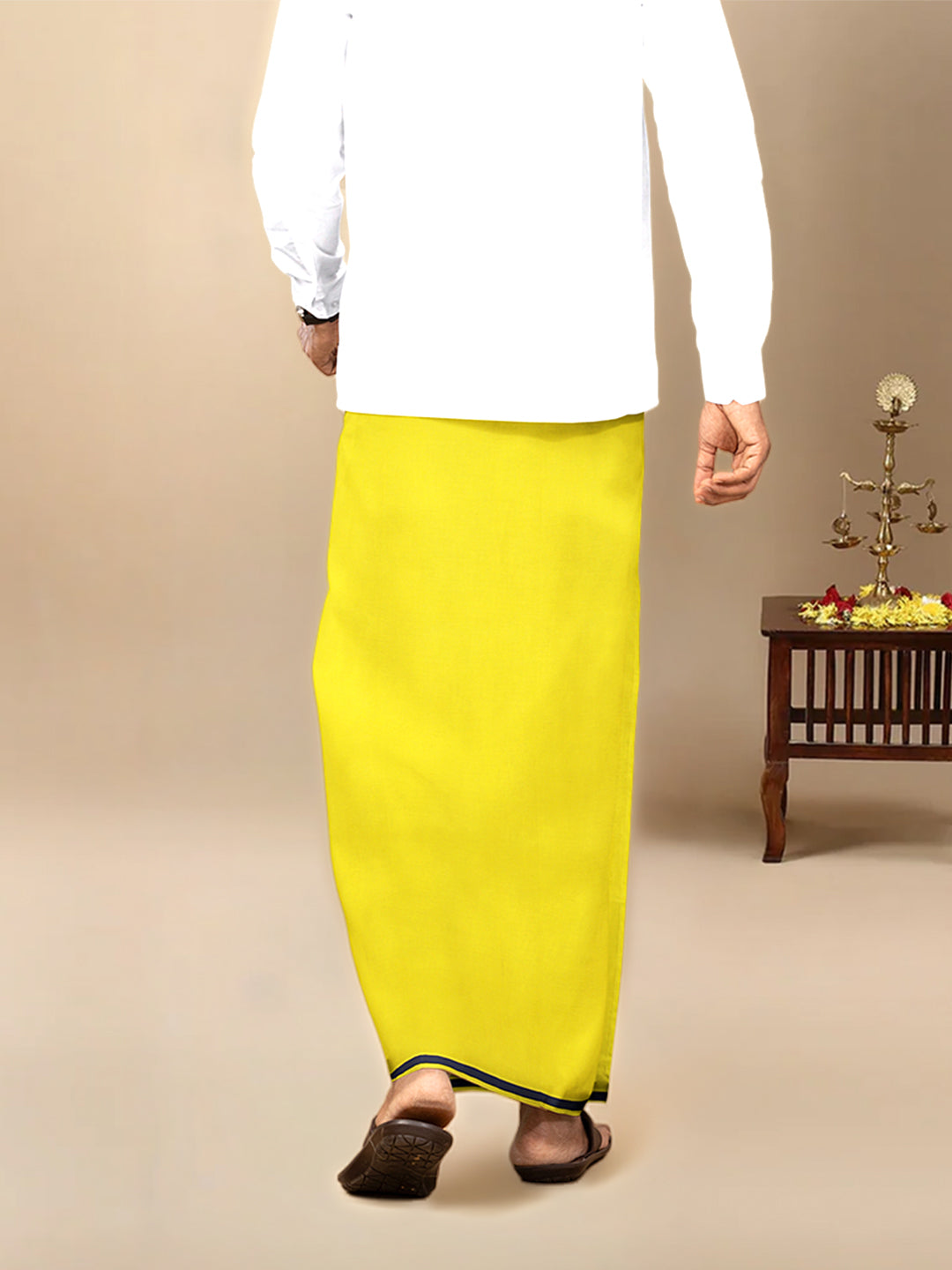 Men Cotton Blend Single Layer Yellow Dhoti & Towel Set with Navy Border Poojan