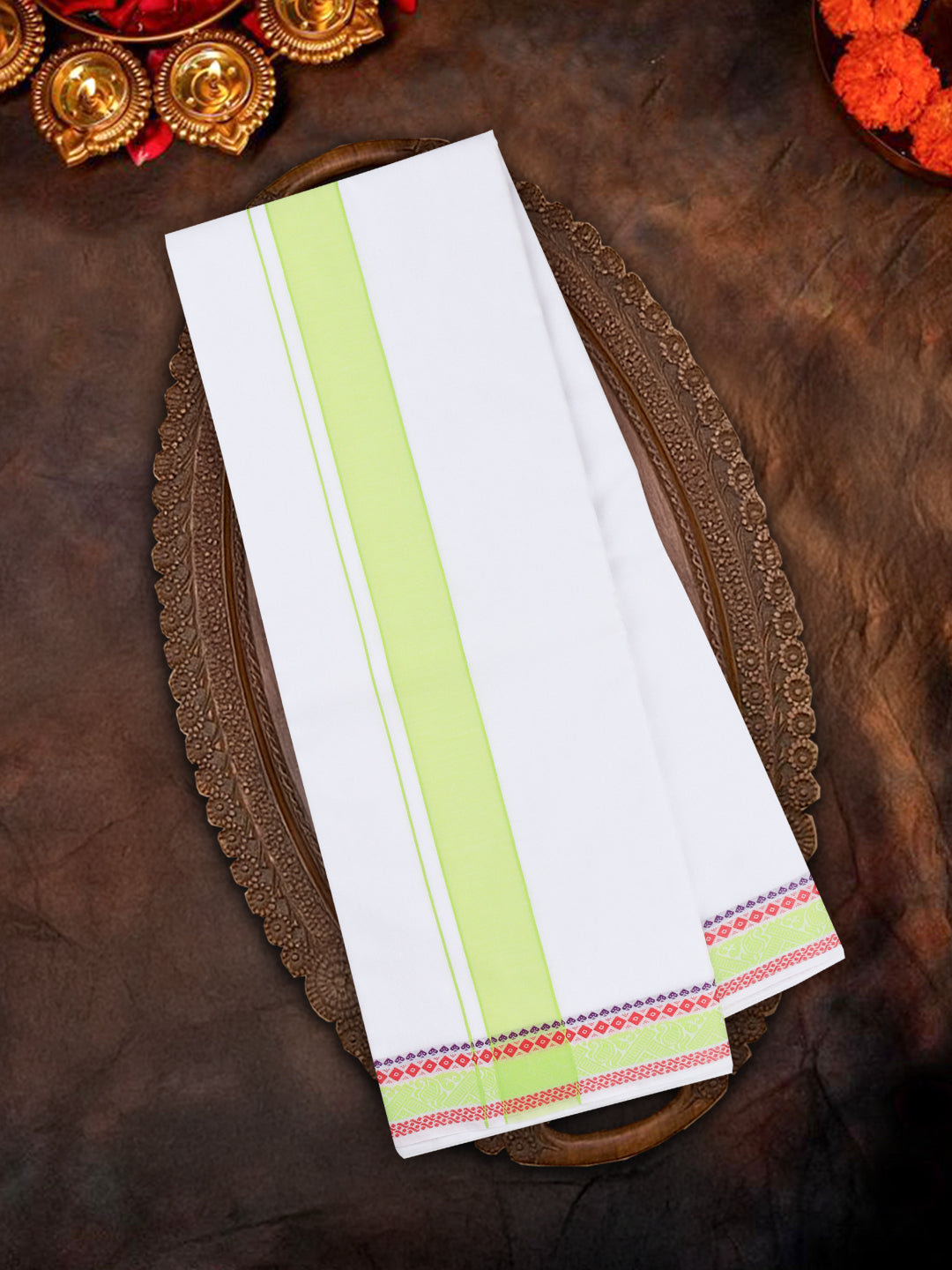 Men Cotton Green Fancy Border Panchakacham with Angavasthram (9+5) JD13